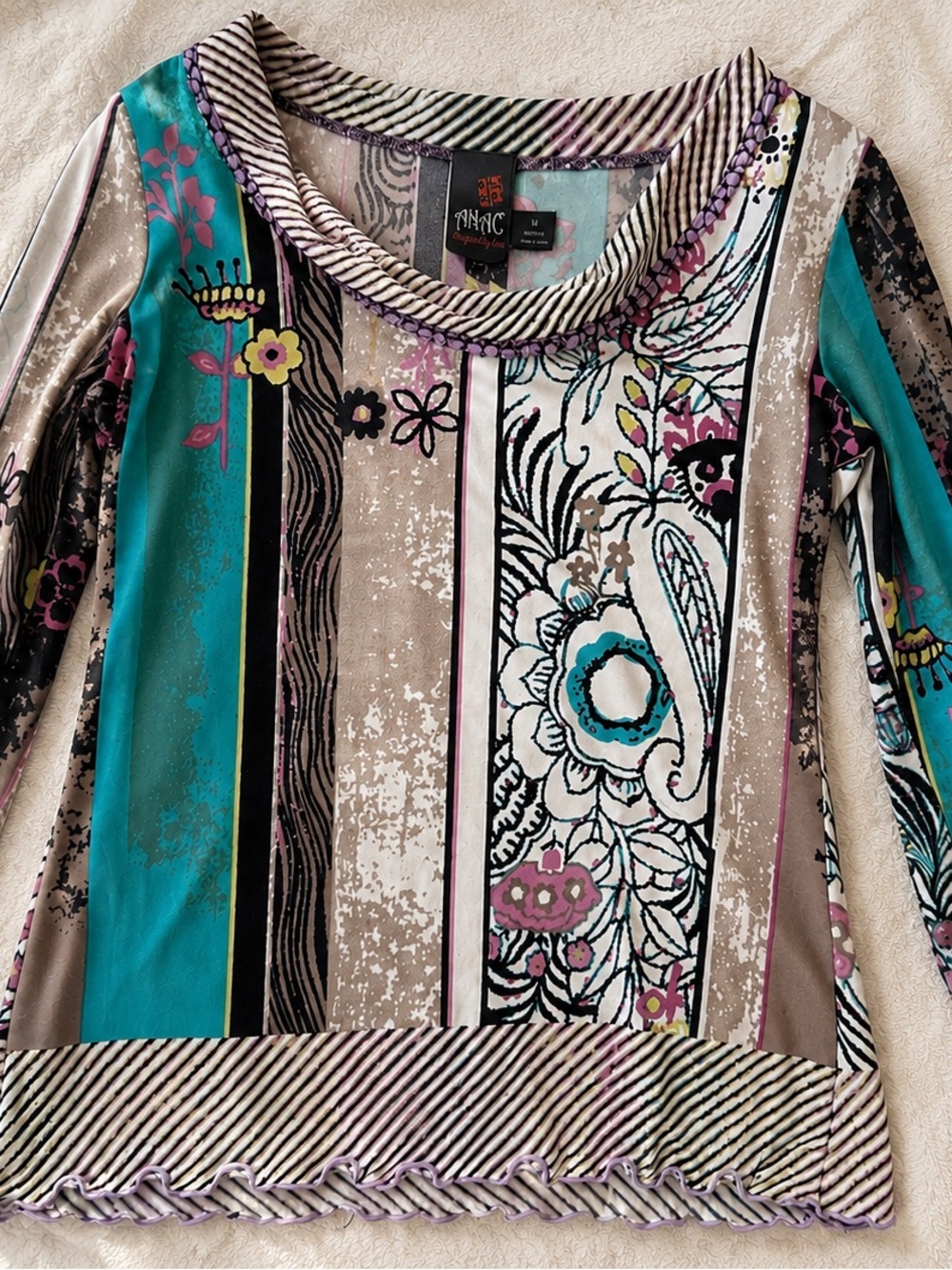 Anac Multicolor Floral-Stripe Mixed Print Top — Teal, Yellow, Pink, Black